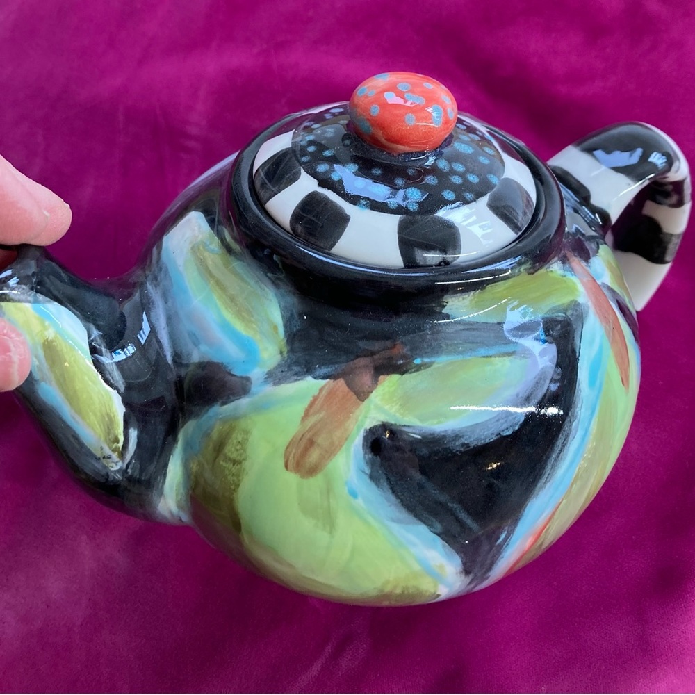 Hand painted Pears on Black Ceramic Tea Pot Pottery 9”x5” Original
